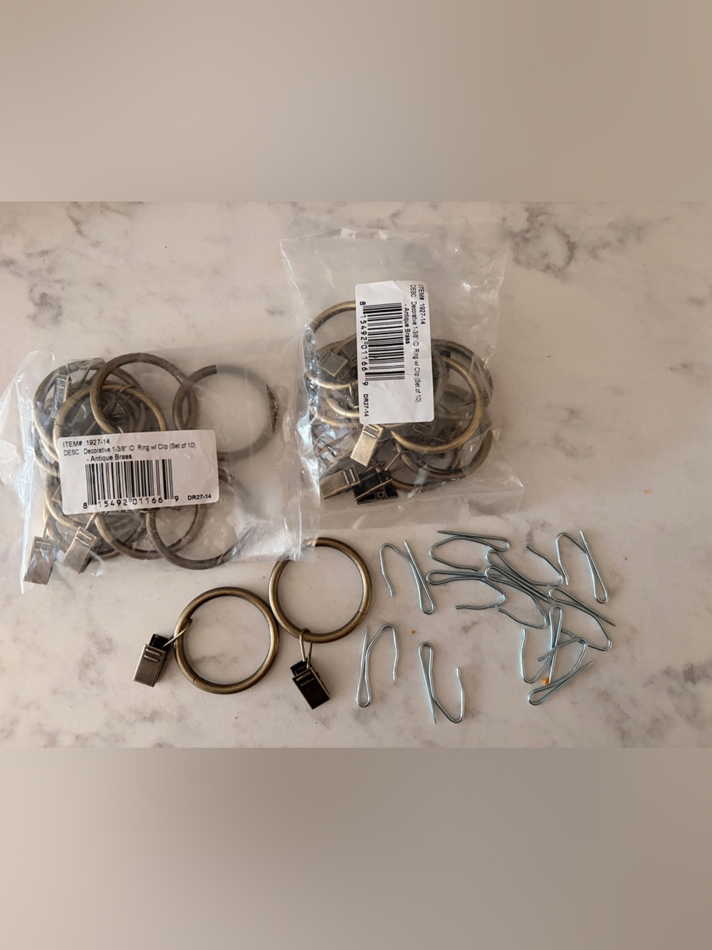 Antique Brass Curtain Rings with Clips - 22 total and 29 curtain hooks
